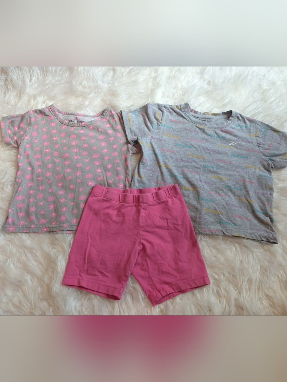 3pc Bundle Set Sz 6 Reebok Girls Gray Tees with Bright Pink Shorts Set
